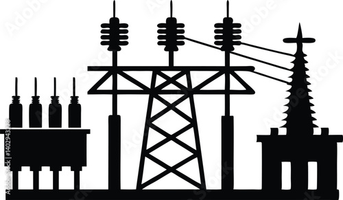 Silhouette Illustration Of Electrical Substation Power Transmission Tower Equipment And Infrastructure Isolated On White Background, electrical, substation, power, transmission, tower, equipment