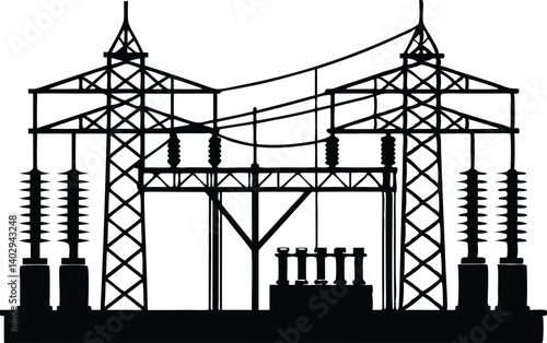 Electrical Substation Silhouette Illustration Of Power Distribution Infrastructure Transmission Towers And High Voltage Equipment In Vector Format, electrical substation, power station, transmission