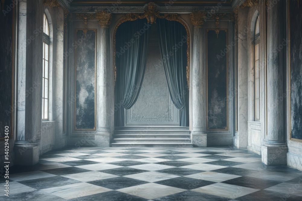 Obraz premium Elegant empty grand hall with marble floors and majestic curtains in historical architecture