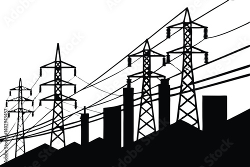 Silhouette Of Power Lines And Urban Skyline Against White Backdrop Representing Energy And Industrial Infrastructure, power lines, electricity pylons, electrical grid, power transmission, energy