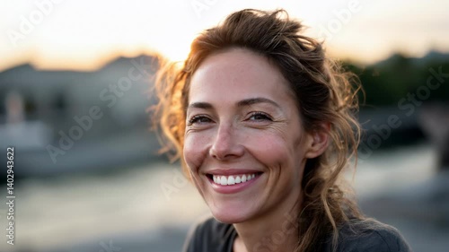 Portrait of a confident and natural-looking woman in her thirties with a calm smile and expressive eyes, shot outdoors in soft cinematic light at sunset, facing the camera – Generative AI