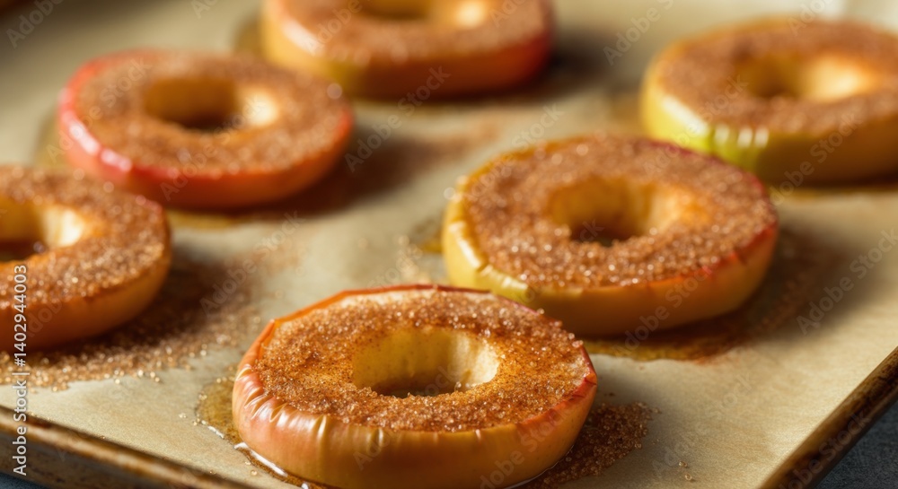 Baked apple slices with cinnamon sugar on parchment paper Baked apple slices with cinnamon sugar on parchment paper