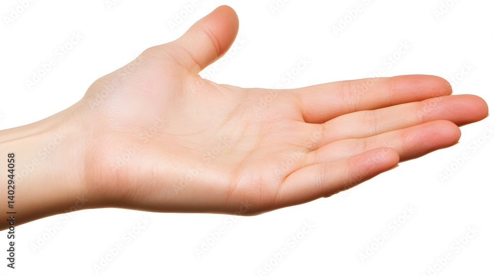 Close-up of a woman's open palm facing upward, isolated on a white background. The hand is soft and well-lit, ideal for various applications. Close-up of a woman's open palm facing upward, isolated on a white background. The hand is soft and well-lit, ideal for various applications.