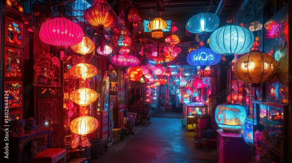 An illuminated alleyway filled with vibrant colored hanging lanterns An illuminated alleyway filled with vibrant colored hanging lanterns