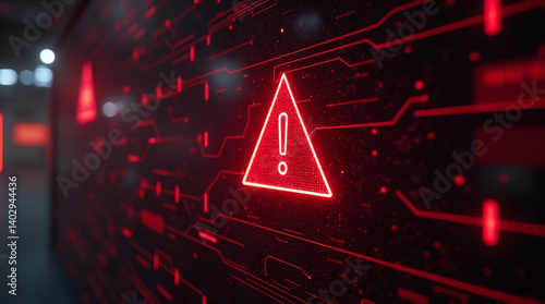 A virus alert warning displayed on a digital screen with red danger symbols and glitch effects, in a futuristic environment, no text