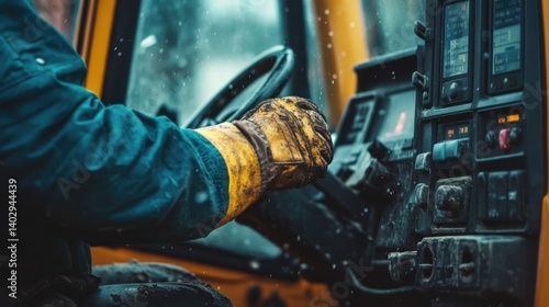 Heavy equipment operator maneuvering excavator levers. Featuring control and precision