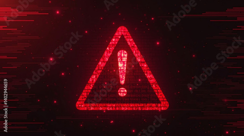 A virus alert warning displayed on a digital screen with red danger symbols and glitch effects, in a futuristic environment, no text