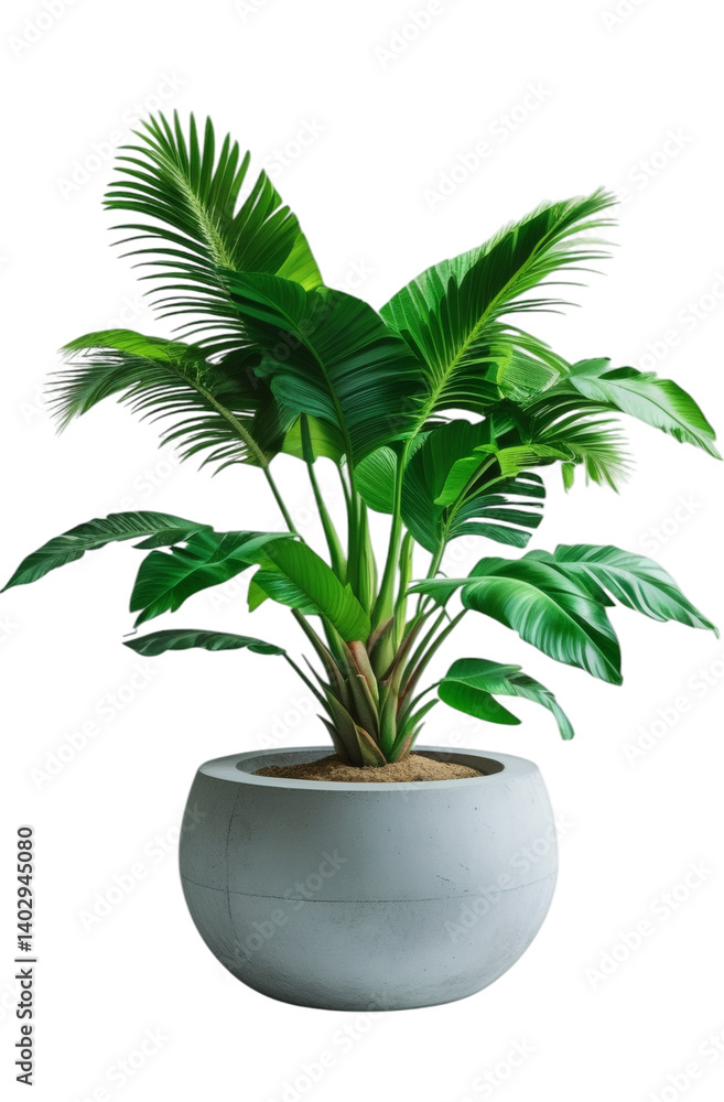 Lush Potted Palm in Stone Planter: This image showcases a lush, tropical palm plant flourishing in a modern, grey stone planter, creating a tranquil scene. Lush Potted Palm in Stone Planter: This image showcases a lush, tropical palm plant flourishing in a modern, grey stone planter, creating a tranquil scene.