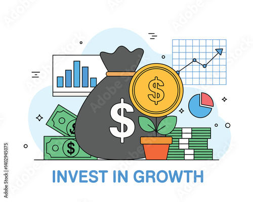 Financial Growth Illustration with Money Bag Plant in Coin Pot Stacks of Cash Bar Charts Dollar Coin Percentage Arrow Vector Icons Blue Green Colors Flat Design White Background