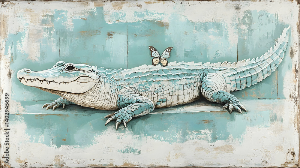 A serene alligator resting on a teal-toned background, with a delicate butterfly. A serene alligator resting on a teal-toned background, with a delicate butterfly.