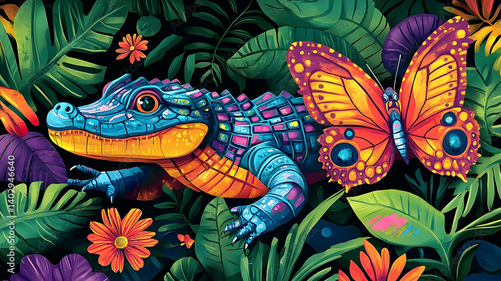 Obraz premium A vibrant illustration of a colorful alligator and butterfly amidst a lush tropical jungle.