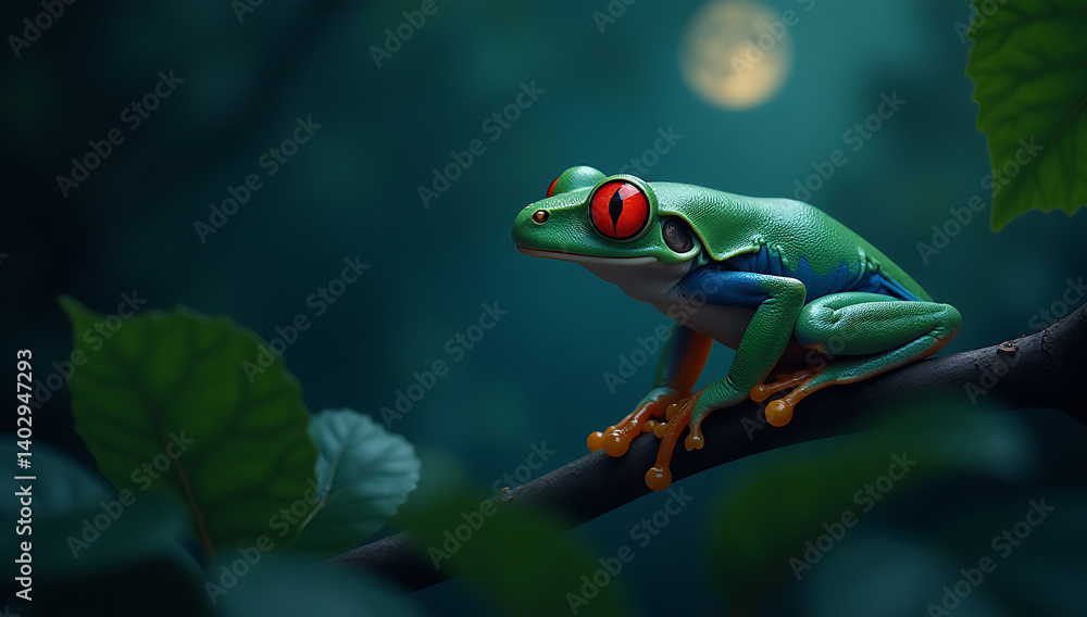 Vibrant Red-Eyed Tree Frog Perched on Branch in Moonlit Forest
Vibrant Red-Eyed Tree Frog Perched on Branch in Moonlit Forest