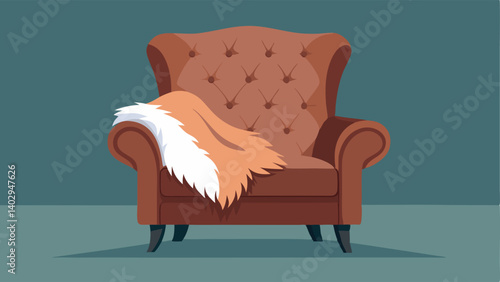 A tufted leather armchair with a fur throw draped over the back.