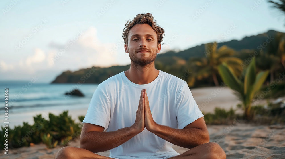 A wellness influencer practicing yoga on a peaceful beach at sunrise.