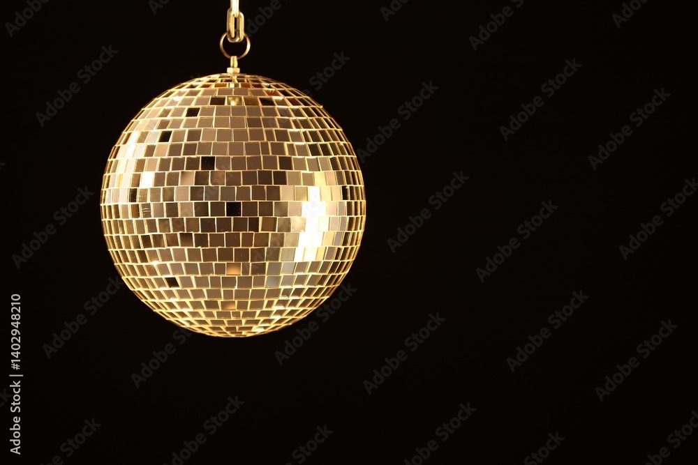 Obraz premium One shiny disco ball on black background, space for text