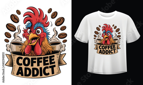 Funny Rooster with 'Coffee Addict' Quote – Humorous Coffee Lover T-Shirt Design