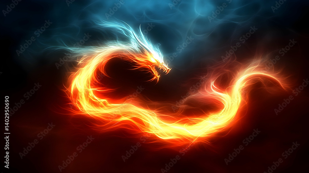 Fototapeta premium A fiery dragon, embodying the balance of fire and ice, swirling in a dynamic display of energy.