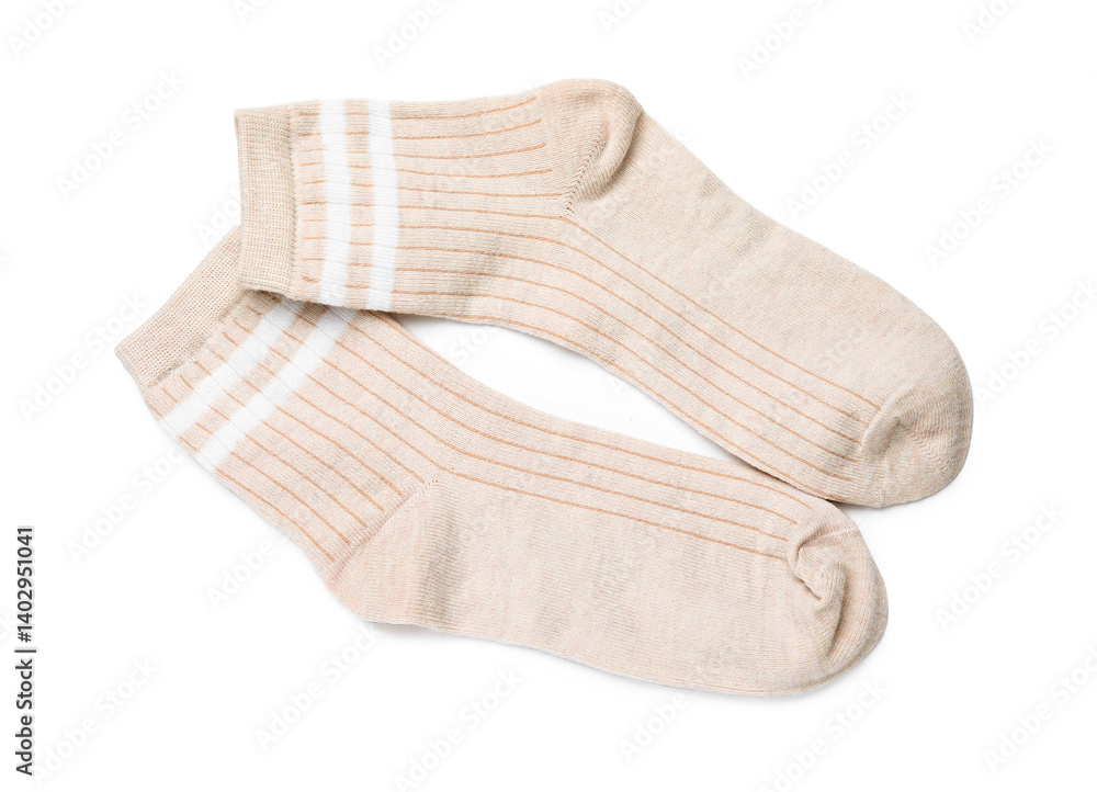 Pair of beige socks isolated on white, top view Pair of beige socks isolated on white, top view