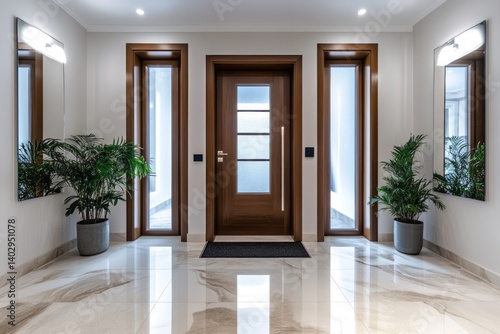 Elegant entrance hall features a central door flanked by sidelights