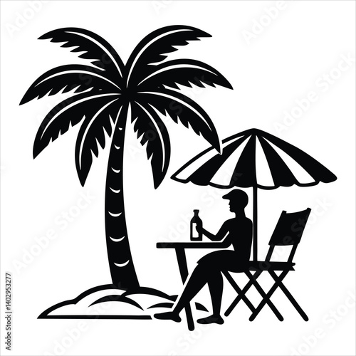 Silhouette of Relaxation Under Palm Tree with Umbrella and Drink