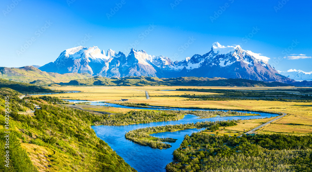 mountain landscape with lake and mountains
