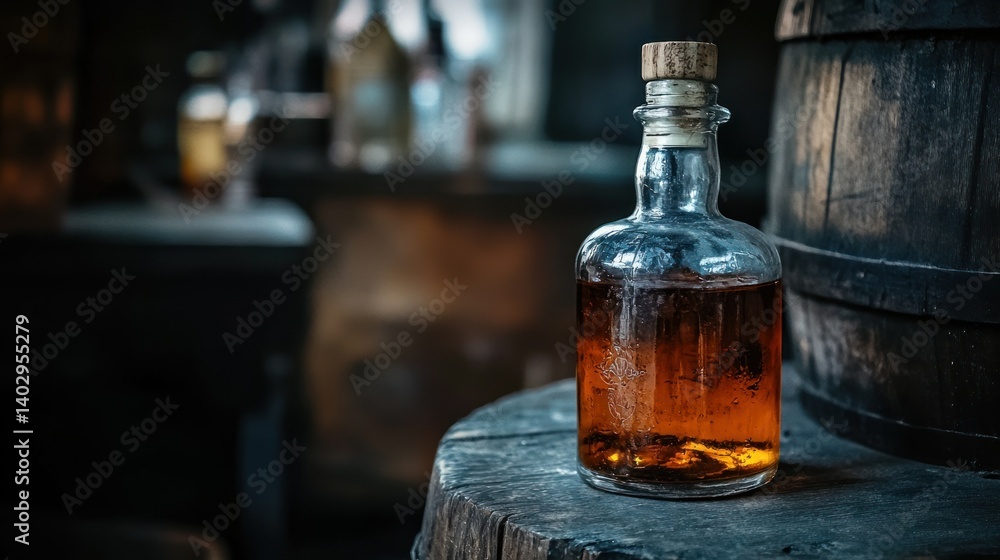 A clear glass bottle with liquid resting on a wooden surface A clear glass bottle with liquid resting on a wooden surface