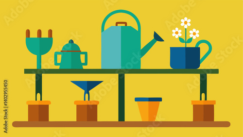 Gardening Workshop Tools An array of tools specifically designed for easy handling such as wide grip trowels and watering cans with large handles arranged neatly on a workbench.