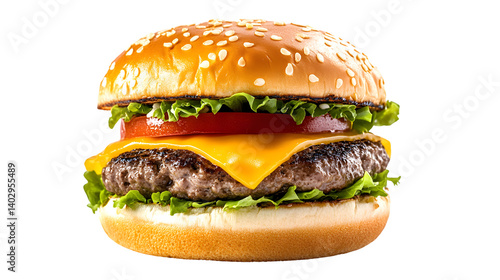 Savory Beef Burger with Cheese, Lettuce, and Tomatoes on Sesame Seed Bun - Restaurant Style