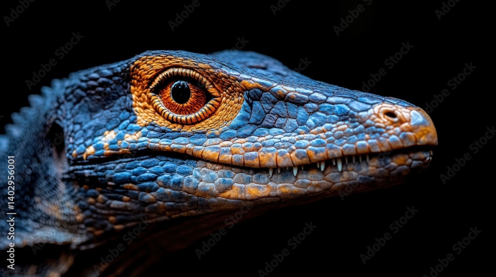 Obraz premium A close-up of a velociraptor head meticulously embroidered with intricate stitching, showcasing grey scales and a vibrant orange eye.
