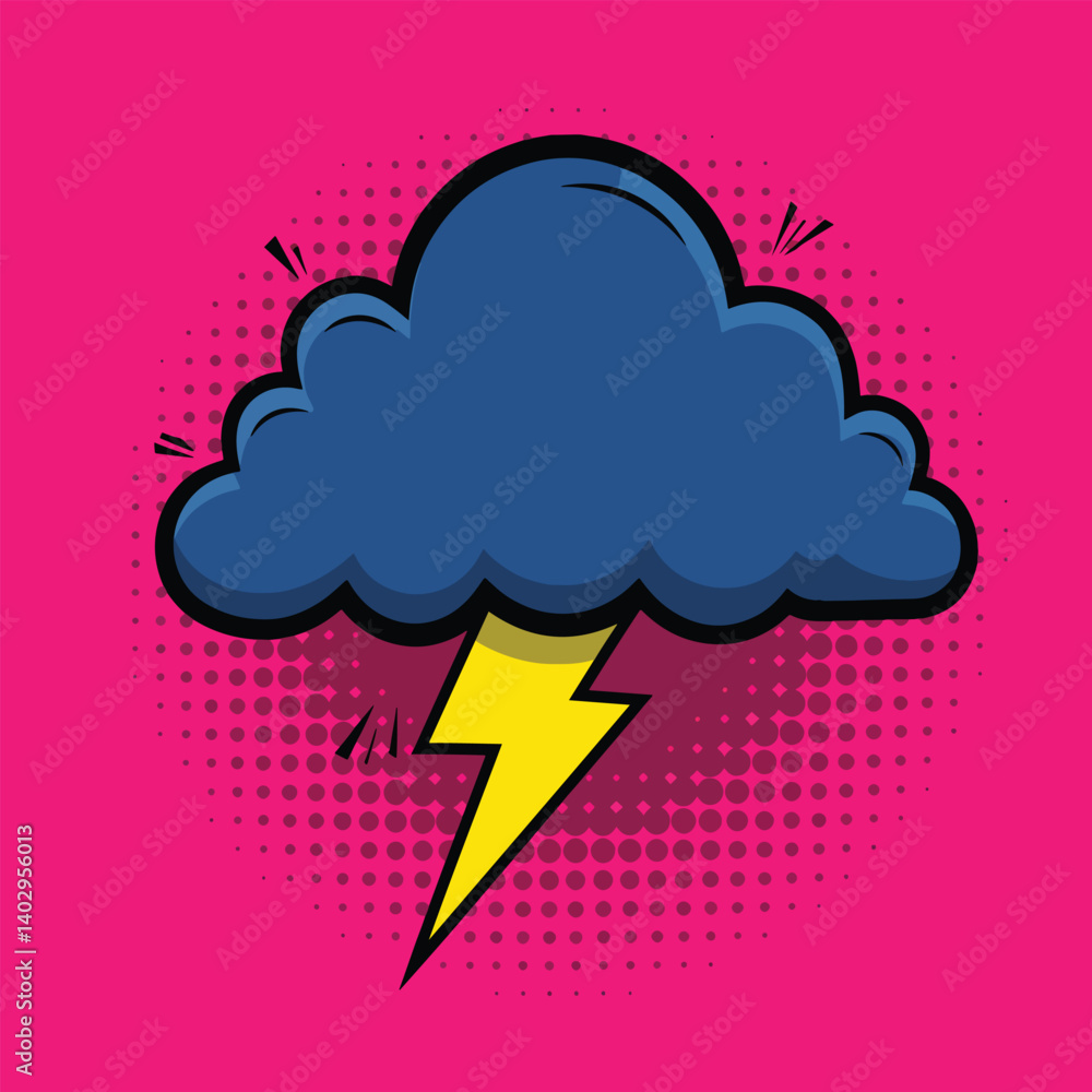 thundercloud pop art vector with yellow lightning bolt on pink halftone background thundercloud pop art vector with yellow lightning bolt on pink halftone background