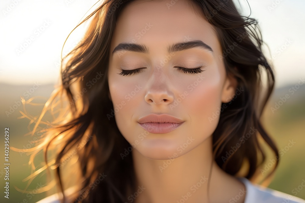 Close-up of woman’s face breathing deeply with closed eyes, fresh outdoor air, soft wind in hair Close-up of woman’s face breathing deeply with closed eyes, fresh outdoor air, soft wind in hair