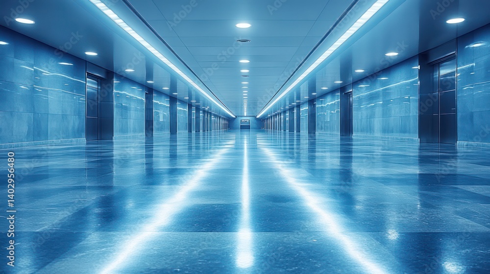 Futuristic Blue Corridor: A Symphony of Light and Reflection Futuristic Blue Corridor: A Symphony of Light and Reflection