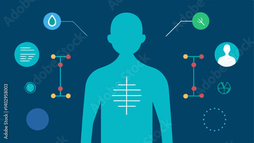 User Profile A silhouette of a person with highlights of their genetic and microbiome data around them symbolizing the customization of nutrition plans based on personal health.