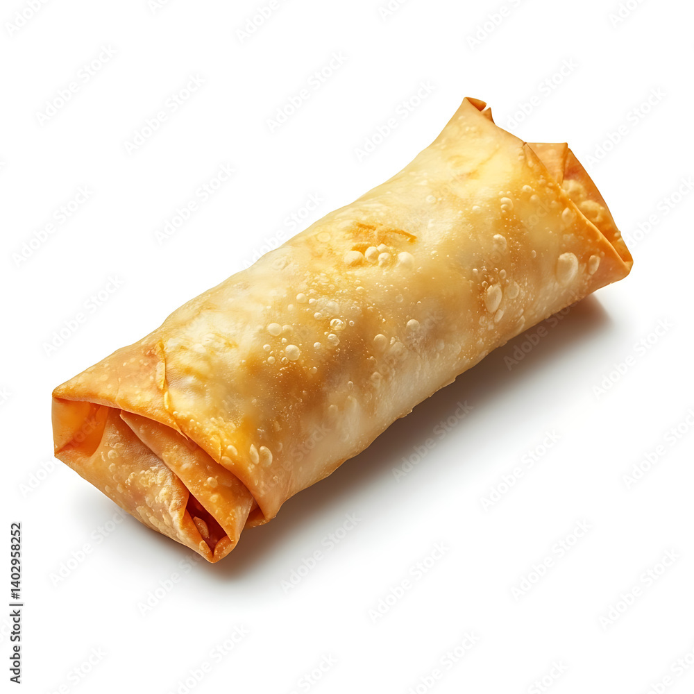 A golden crispy spring roll with a delicate, crunchy exterior and filling, isolated white background A golden crispy spring roll with a delicate, crunchy exterior and filling, isolated white background