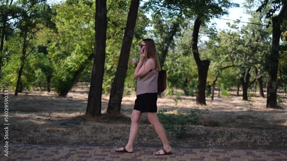 Young woman walking to work talking on the phone with a cup of coffee in her hand Young woman walking to work talking on the phone with a cup of coffee in her hand