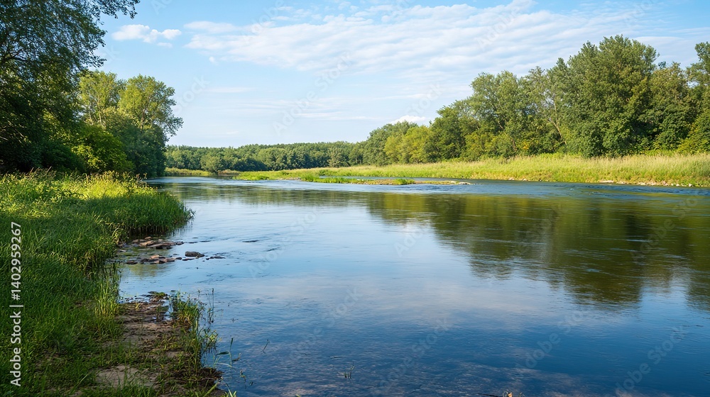 Fototapeta premium Tranquil river reflecting soft sunlight, a serene natural moment. Minimalism in nature's simplicity and calm.