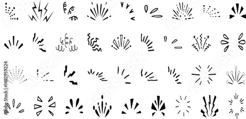 Doodle line sparkles and rays. Hand drawn explosion lines confetti, sun burst, decorative effect surprise elements.