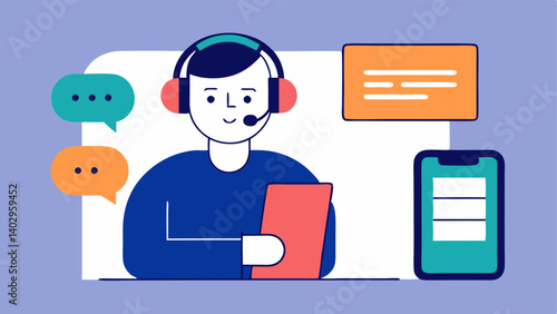 Mobile CheckUp An individual using a smartphone with a large accessibility interface. They are wearing headphones and a speechtotext device sits beside them.