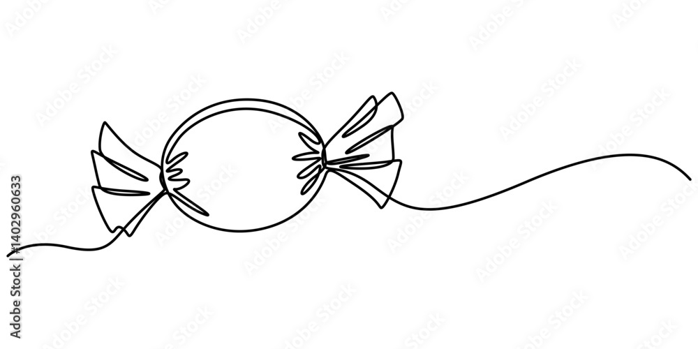 Obraz premium One continuous line illustration of a candy, isolated on white background. Line art of candy, Minimalist design for sweets and dessert themes. Simplified hand-drawn illustration for treats and ammy. 