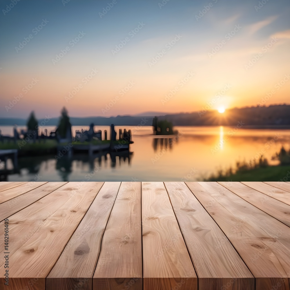 Fototapeta premium Wooden Tabletop overlooking serene sunrise lake