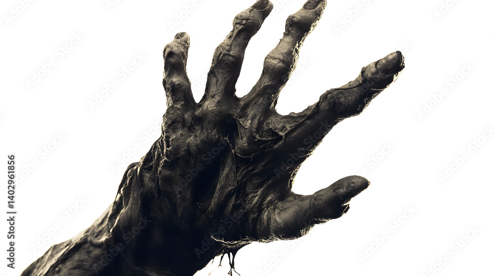 Fototapeta premium Close-up of a decaying, dark hand reaching out against a white background. The texture is rough and ominous, suggesting horror or fantasy.