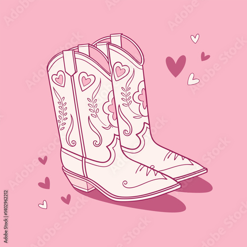 pink cowboy boots and hearts. Wild west, western,  Vector illustration