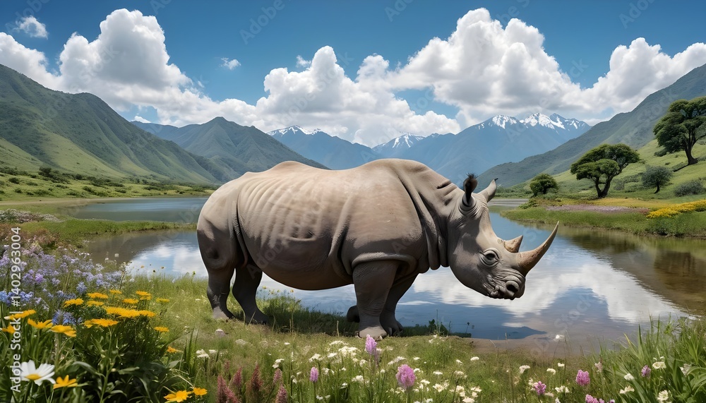 Fototapeta premium White Rhinoceros by Mountain Lake