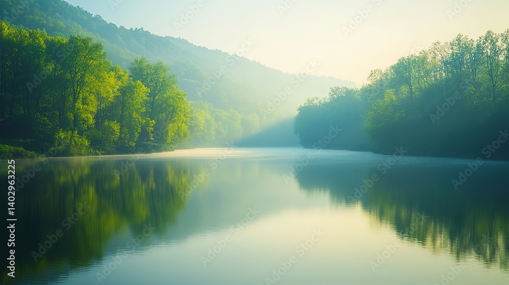 Obraz premium Tranquil river reflecting soft sunlight, a serene natural moment. Minimalism in nature's simplicity and calm. 
