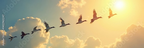 A flock of ducks flying in the sky with a sunny background, doodle, sky