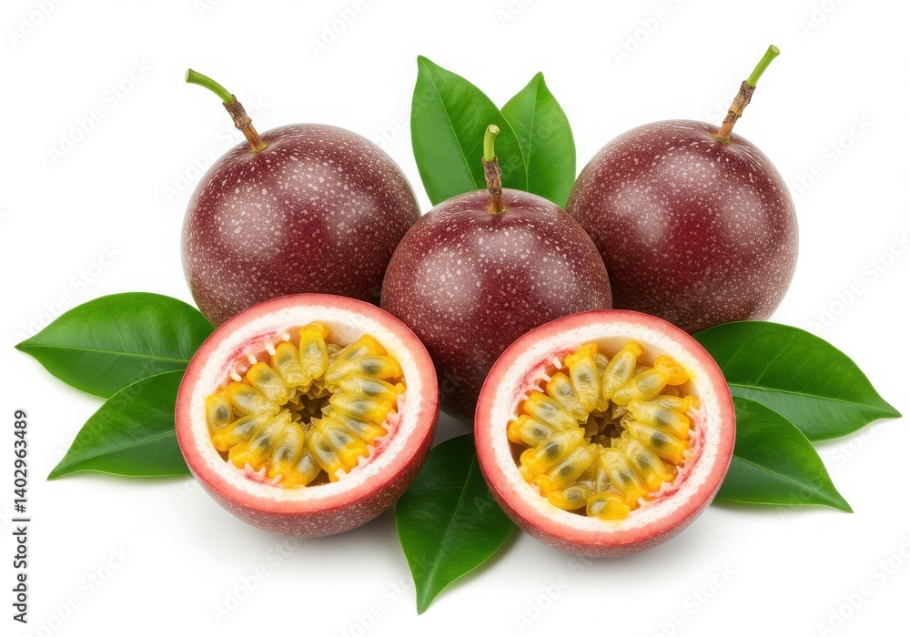 Passion fruits with leaves isolated on white background Passion fruits with leaves isolated on white background