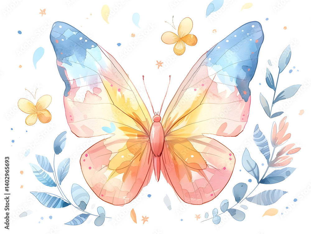 Obraz premium hand-painted watercolor butterfly with pastel wings in pink, yellow, and blue, soft brush strokes and floral elements, isolated on white background