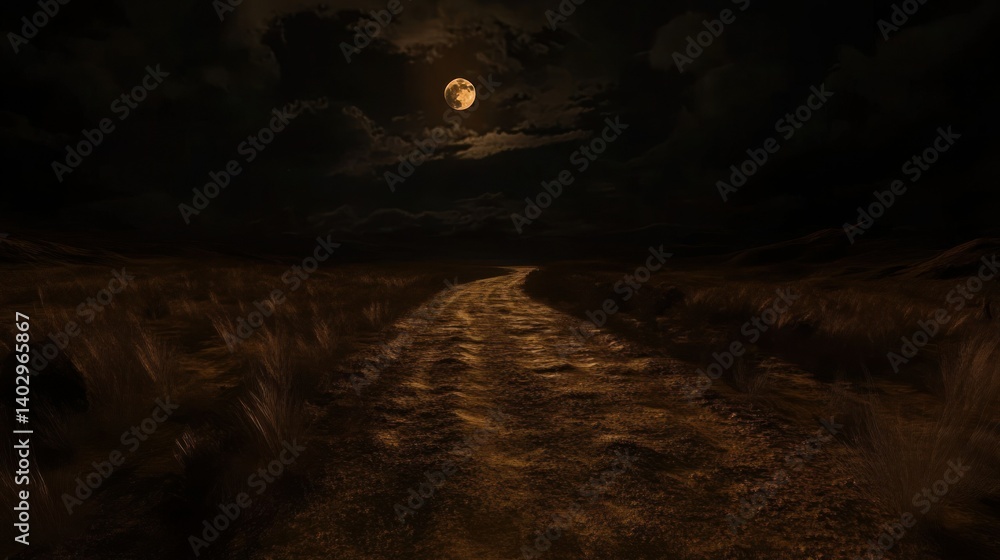 Fototapeta premium A moonlit path through a field under a cloudy night sky