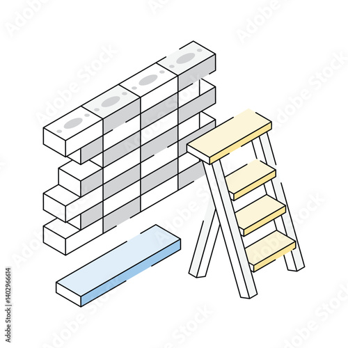 A captivating isometric style icon of brickwork with ladder