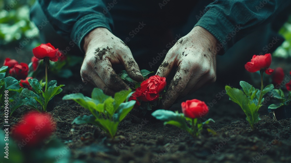 Fototapeta premium Landscaper planting flowers in a garden. Featuring care and nurturing